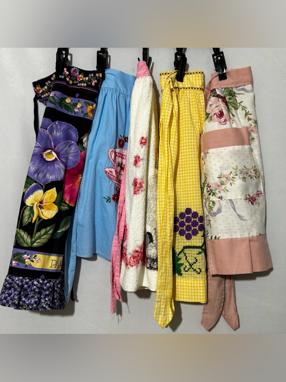Vintage Half Aprons - Embroidered Gingham, Tea Cups, Poodle, Floral - Lot of 5